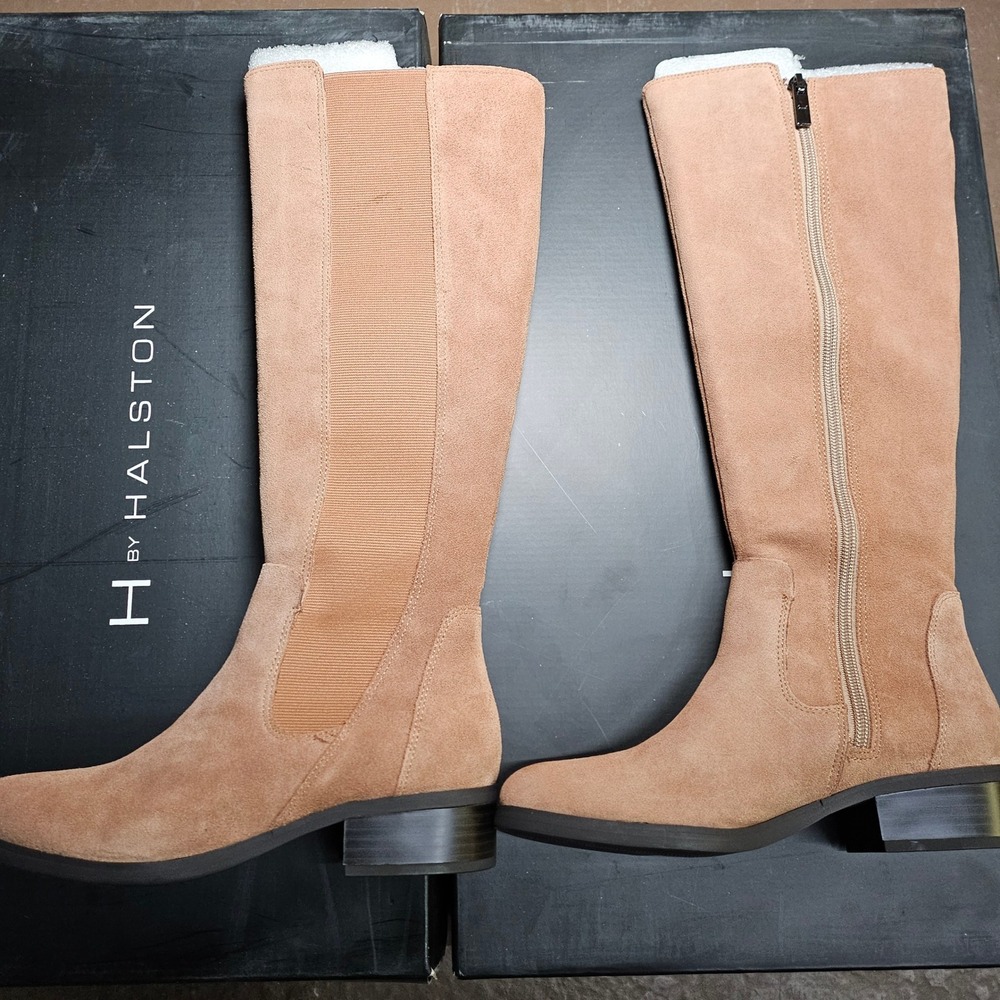 H by Halston Naomi Suede Knee High‎ Boots Tan Elastic Side Zip Block Heel 5.5M